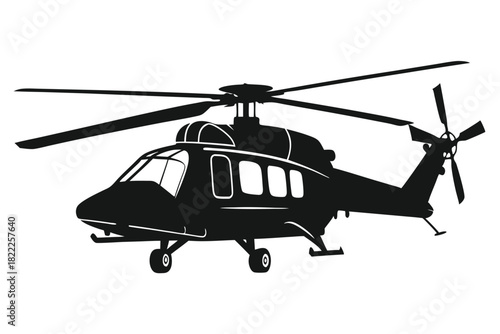 A detailed silhouette of the commercial helicopter has its rotors and landing gear visible