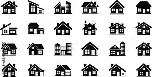 Vector Illustration of Modern House Icons Set. Diverse Residential Building Silhouettes for Real Estate, Home, and Property Design.