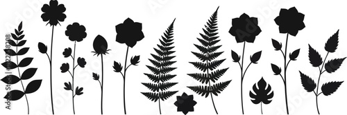 Collection of delicate black floral silhouettes including roses and ferns against a clean white background for graphic design