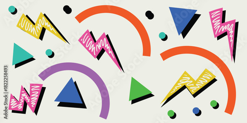 A vibrant retro design featuring geometric shapes and lightning bolts on a cream colored background