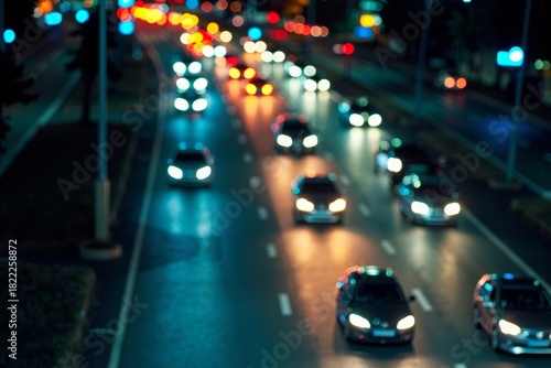 Aerial View of Brightly Lit Street with Blurred Car Lights Racing at Night