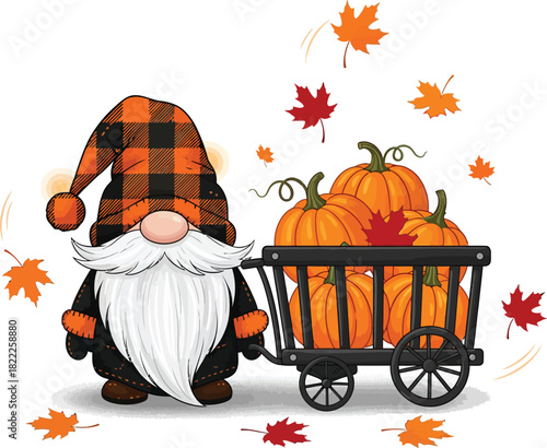 Whimsical autumn gnome wearing a plaid hat pulling a cart filled with pumpkins and falling leaves