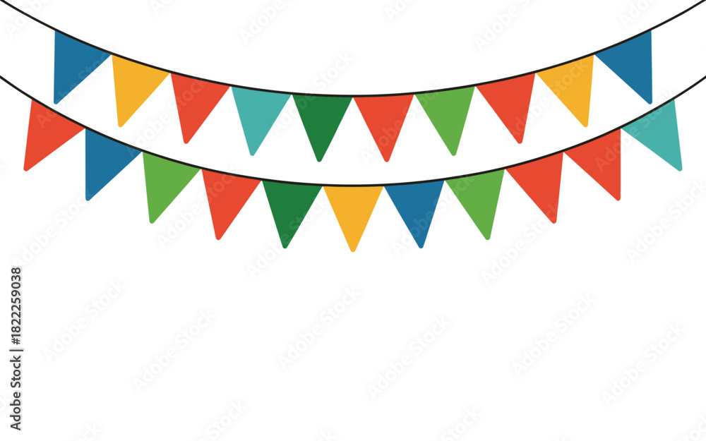 Obraz premium Two strings of colorful triangular pennant banner flags hanging on a white background illustration