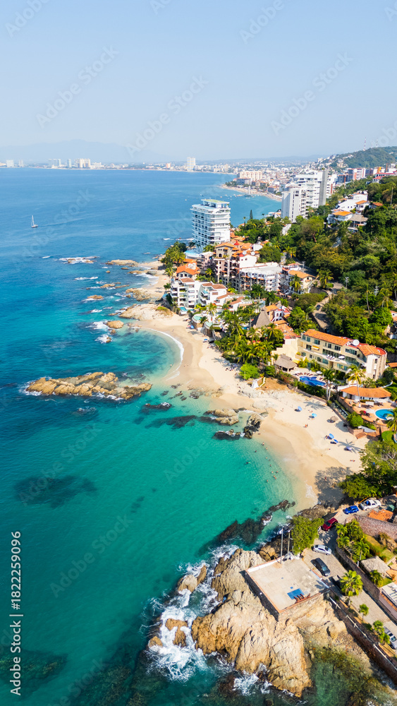 Fototapeta premium Puerto vallarta conchas chinas beach aerial view with turquoise water