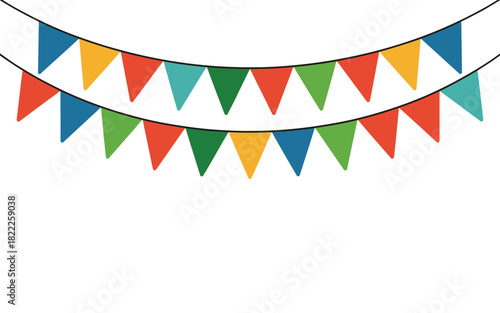 Two strings of colorful triangular pennant banner flags hanging on a white background illustration