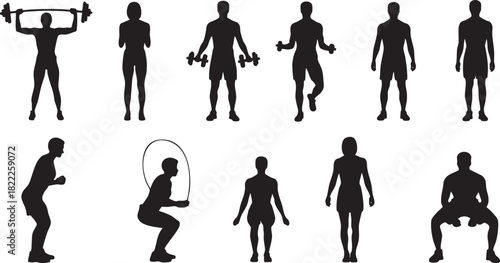 Workout exercise silhouette set of fitness activity training at gym