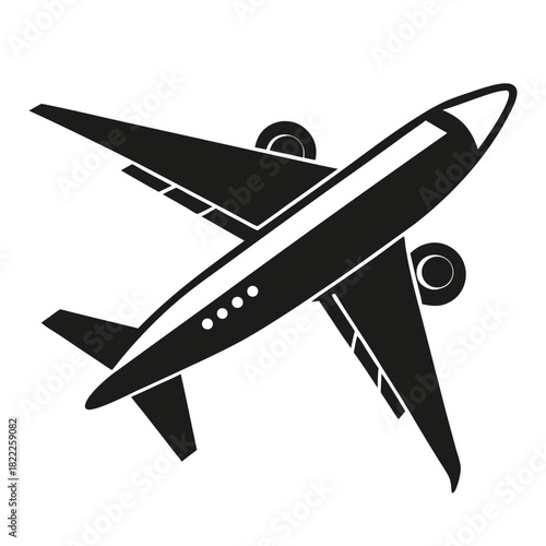 A sleek black passenger aircraft soars diagonally upwards in this minimalist transportation symbol