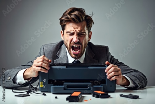 Angry employee holding a broken printer amidst a mess of toner and wires.