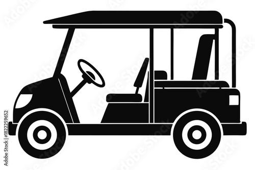A solid black golf cart shows its silhouette, capturing the minimalist auto design beautifully