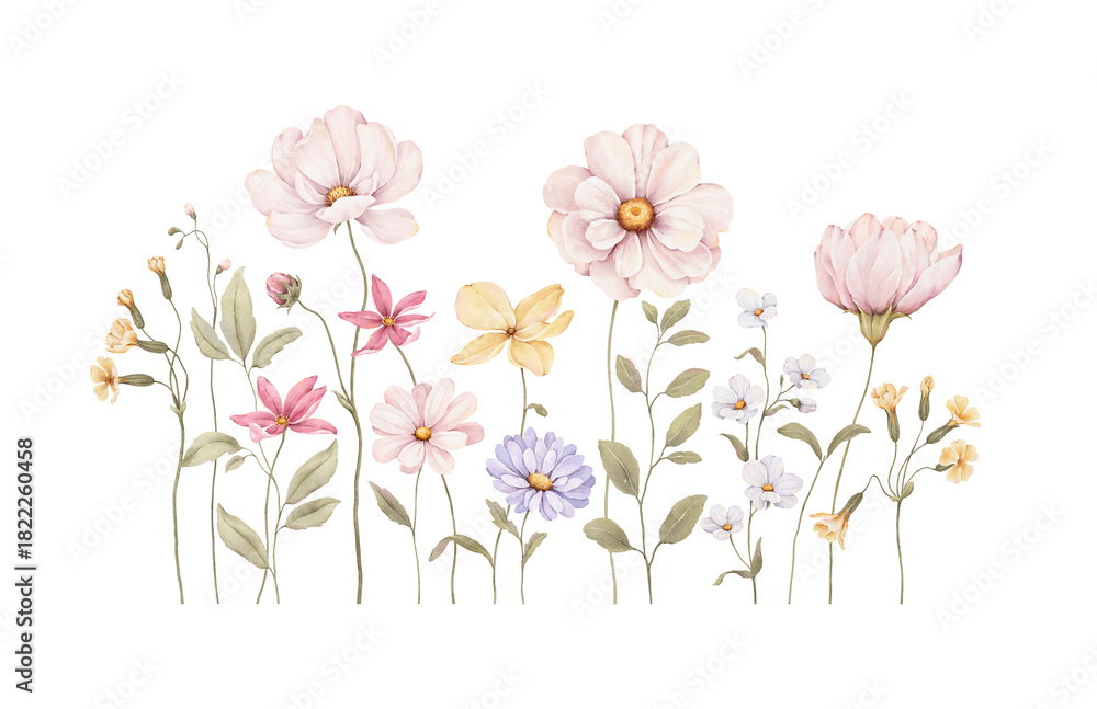 Fototapeta premium Watercolor cute floral border with delicate colored flowers and green plants. Isolated illustration for cute design wallpapers, mural for childish room, invitation or greeting cards.