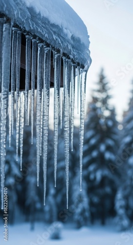 Winter icicles hanging from roof with snow background cold weather season outdoor nature photography image