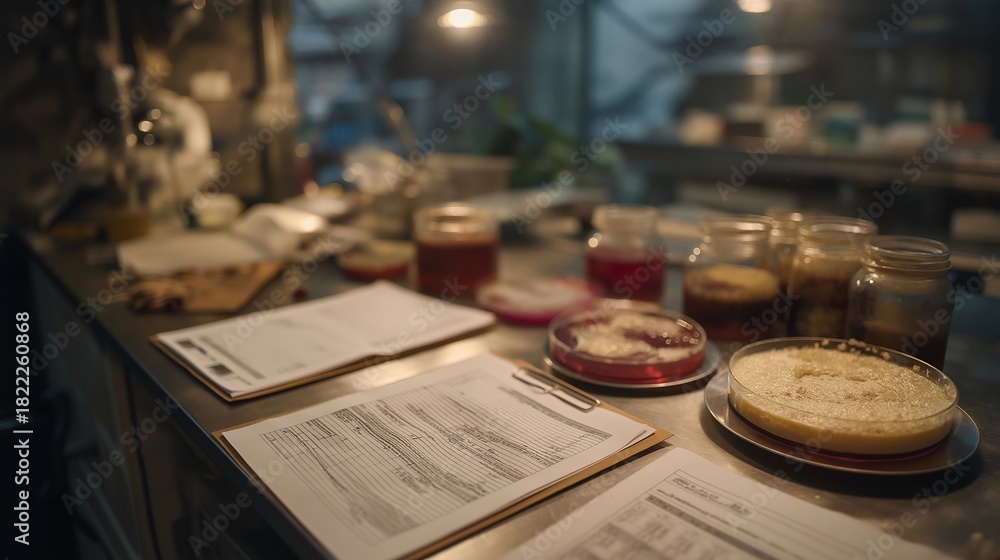 Fototapeta premium A team of researchers comparing bacteria cultures exposed to different environmental conditions, charts and data sheets spread across a stainless-steel bench — experimental variables, controlled
