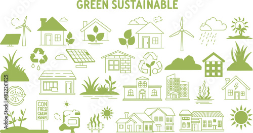 Green Sustainable Icon Set Eco-Friendly Homes, Wind Turbines, and Nature Elements