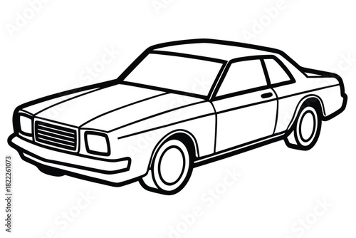 An isolated black and white line drawing depicts a classic coupe with solid outlines