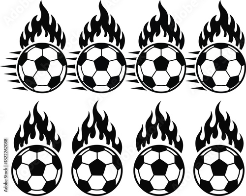 Dynamic row of eight fiery soccer balls ignited with flames symbolizing intense competition and energetic sports action