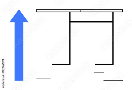 Blue upward arrow symbolizing growth next to a minimalist linear table structure. Ideal for progress, success, business growth, upward movement, goals, direction, and simple flat metaphor