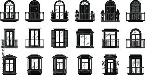 "Vector Illustration of Diverse Architectural Window and Balcony Silhouettes Set for Building Design and Facade Elements"