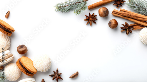 Festive holiday flat lay with cookies, cinnamon sticks, star anise, hazelnuts and pine branches on white background, copy space