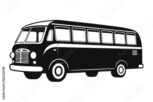 Black and white retro bus shows a side view, its style vintage