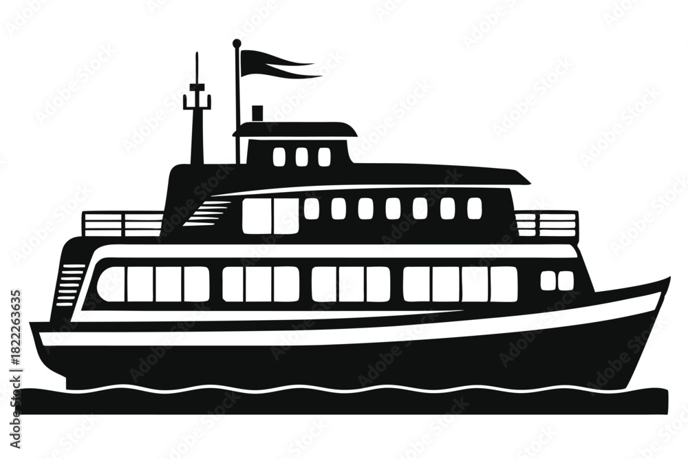 Obraz premium Black and white ship with flag sailing on the water seems calm and peaceful
