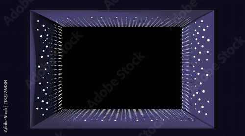 Fototapeta Naklejka Na Ścianę i Meble -  A 3d futuristic frame with glowing dots creating a sense of perspective. Abstract digital tunnel or portal background with a central black void for copy space