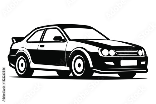 Black and white sporty coupe car shows streamlined design and powerful presence on the road