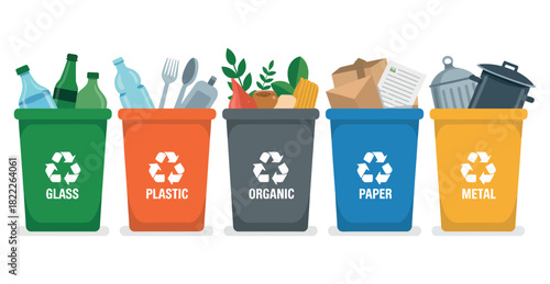 Colorful recycling bins overflowing with sorted waste for a cleaner environment