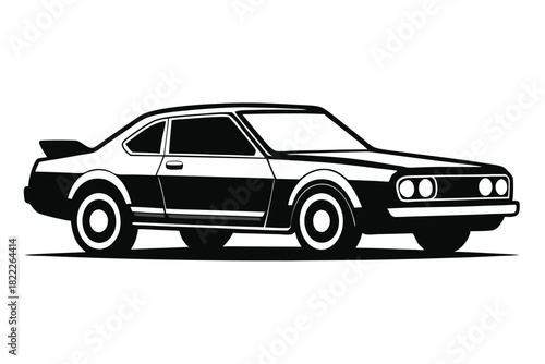 Black and white vintage coupe displays spoiler with smooth curves on a solid background