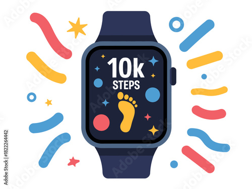 Smartwatch displays 10k steps goal achieved with celebratory confetti and a footprint icon.