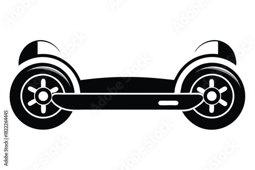 Black and white unicycle showcases simplistic line work, featuring two large balanced wheels in symmetry