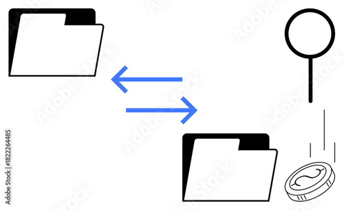 Two folders linked by blue arrows signifying data transfer, magnifier symbolizing search, and coin denoting money. Ideal for data management, transaction, finance, analysis, organization, technology