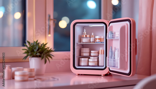 Obraz na płótnie Pink mini skincare refrigerator with beauty products on a vanity