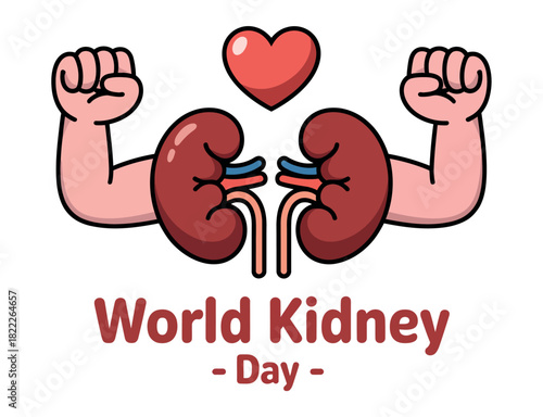 Strong, healthy kidneys symbolize good health and well-being, with a heart above.