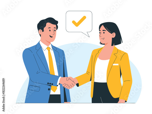 Successful business partners sealing a deal with a handshake and a checkmark.
