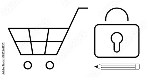 Shopping cart, padlock with keyhole, and pencil highlight secure purchases, privacy, trust, and design ideas. Ideal for e-commerce, cybersecurity, transactions innovation planning minimalism