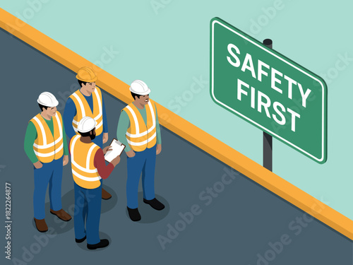 Construction workers gather near a "Safety First" sign, emphasizing workplace vigilance and teamwork.