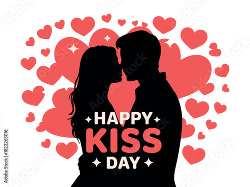Silhouettes of a couple sharing a tender kiss amidst a flurry of red hearts, celebrating love and connection.