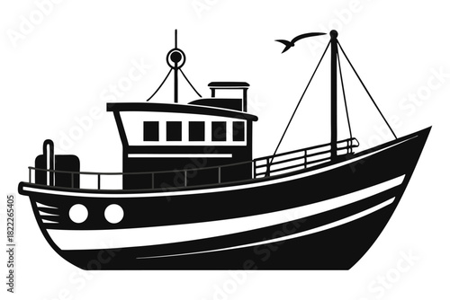 Black fishing boat silhouette sails with a bird on the mast against white