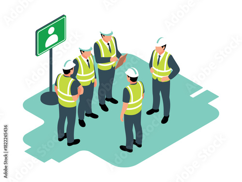 Diverse construction workers in hard hats gather for a safety briefing on a sunny day.