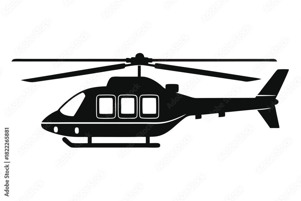 Fototapeta premium Black helicopter flies with rotating blades; the aircraft is shown on a white backdrop