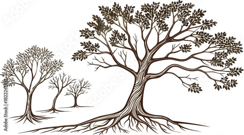 Tree Outline Vector with Roots, Hand-Drawn Botanical Line Art Illustration