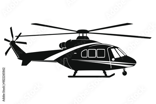 Black helicopter flies silently across the sky with its rotor blades spinning rapidly