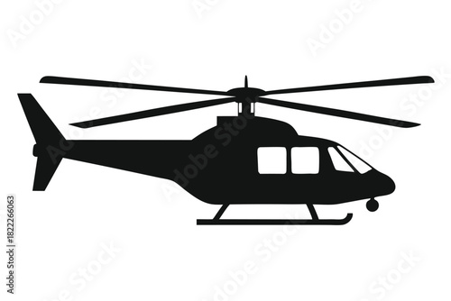 Black helicopter silhouette showcases distinct rotor blades, fuselage, and landing gear against a white background
