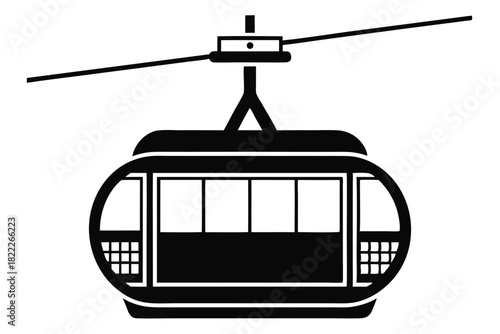Black line art shows a cable car gliding smoothly on guiding wires
