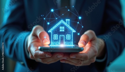 Hands hold smartphone displaying glowing digital house model connected by network lines. Concept smart home tech innovation and digital real estate.