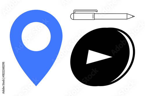 Blue pin marker, black play button, and line pen symbolizing navigation, media playback, and communication. Ideal for travel, creativity, media, mapping planning content creation technology