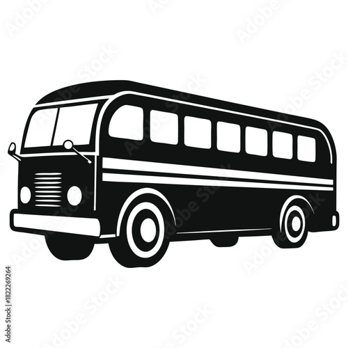 Black silhouette depicts a vintage bus with windows, tires, and front details cleanly illustrated