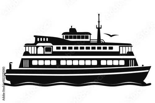 Black silhouette of a large passenger ferry travels across the wavy sea with a bird