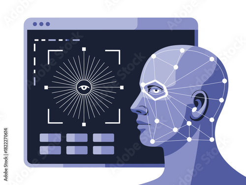 Illustration of a face scan with a monitor and a face with connected dots
