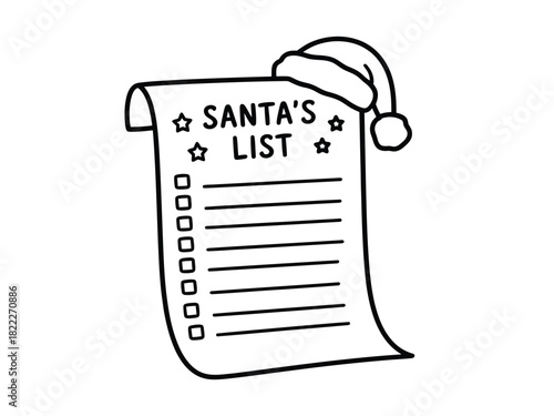 Illustration of santa's list with check boxes and santa hat in black and white